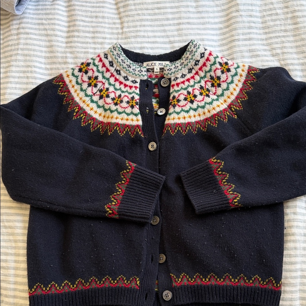 Alex Mill Navy Fair Isle Yoke Wool Cardigan with Multicolor Accents
